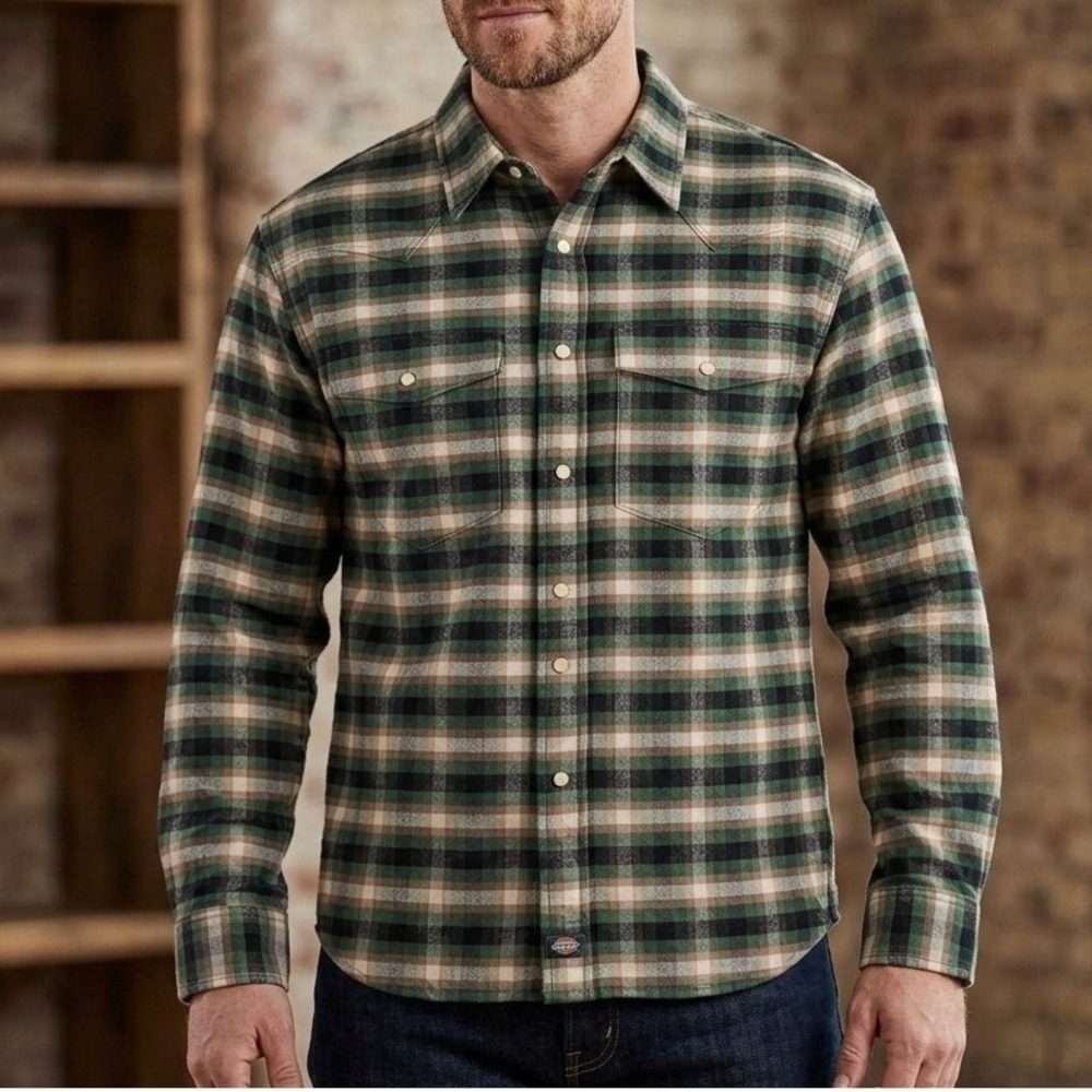Dickies Woven Shirt Mens Medium Green Black Plaid Western Pearl Snap Cowboycore